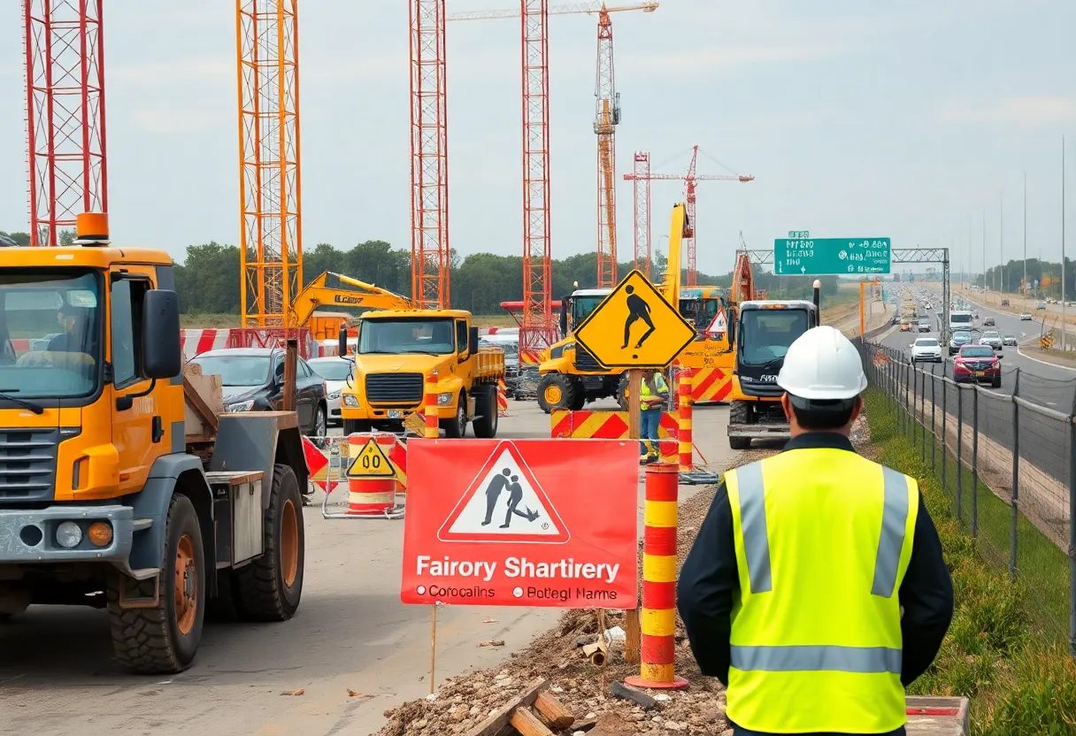 Construction site with machinery and safety signs