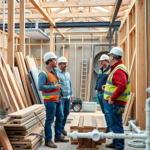 Builders discussing construction materials and strategies amid tariffs.