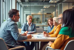 Diverse group of employees in a corporate office discussing employee benefits policies.