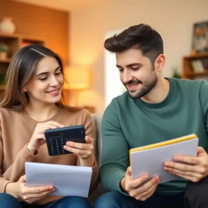 A couple examining home buying expenses in a living room.