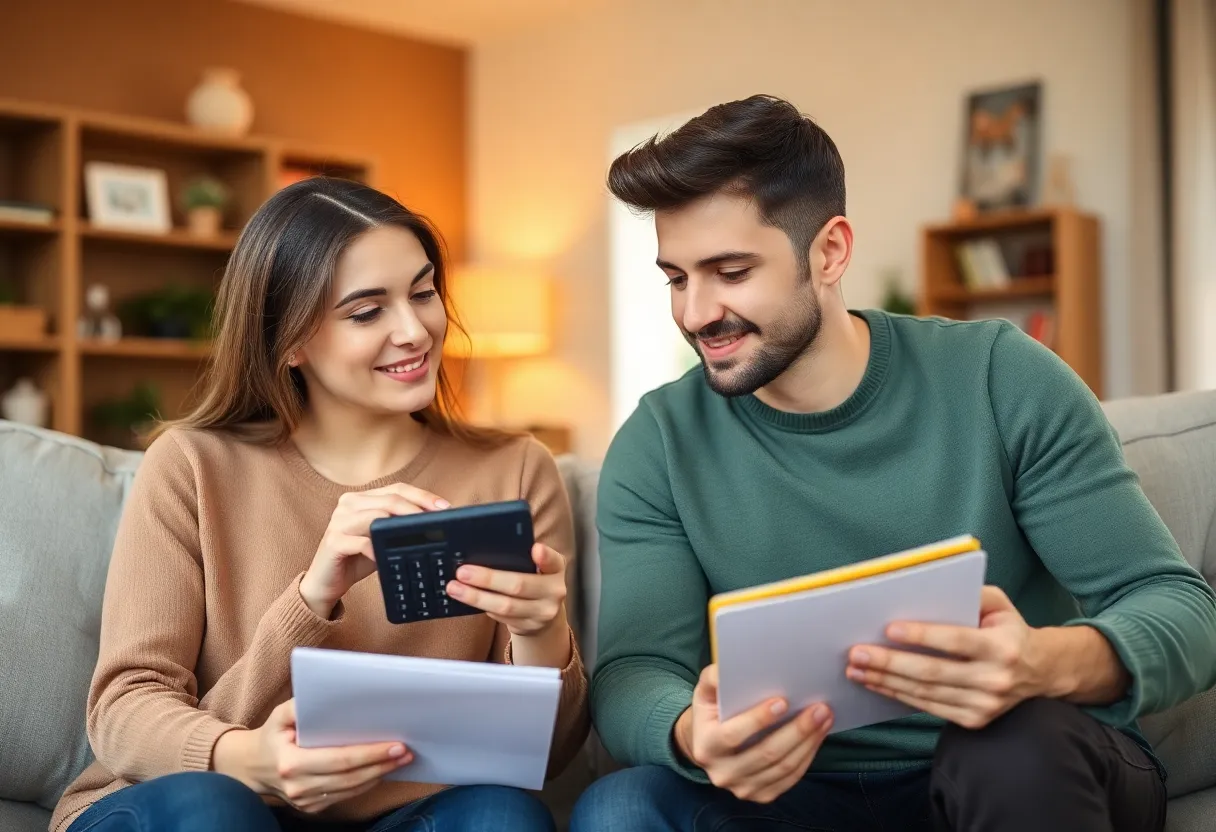 A couple examining home buying expenses in a living room.