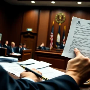 Illustration of a courtroom with financial documents related to fraud investigations