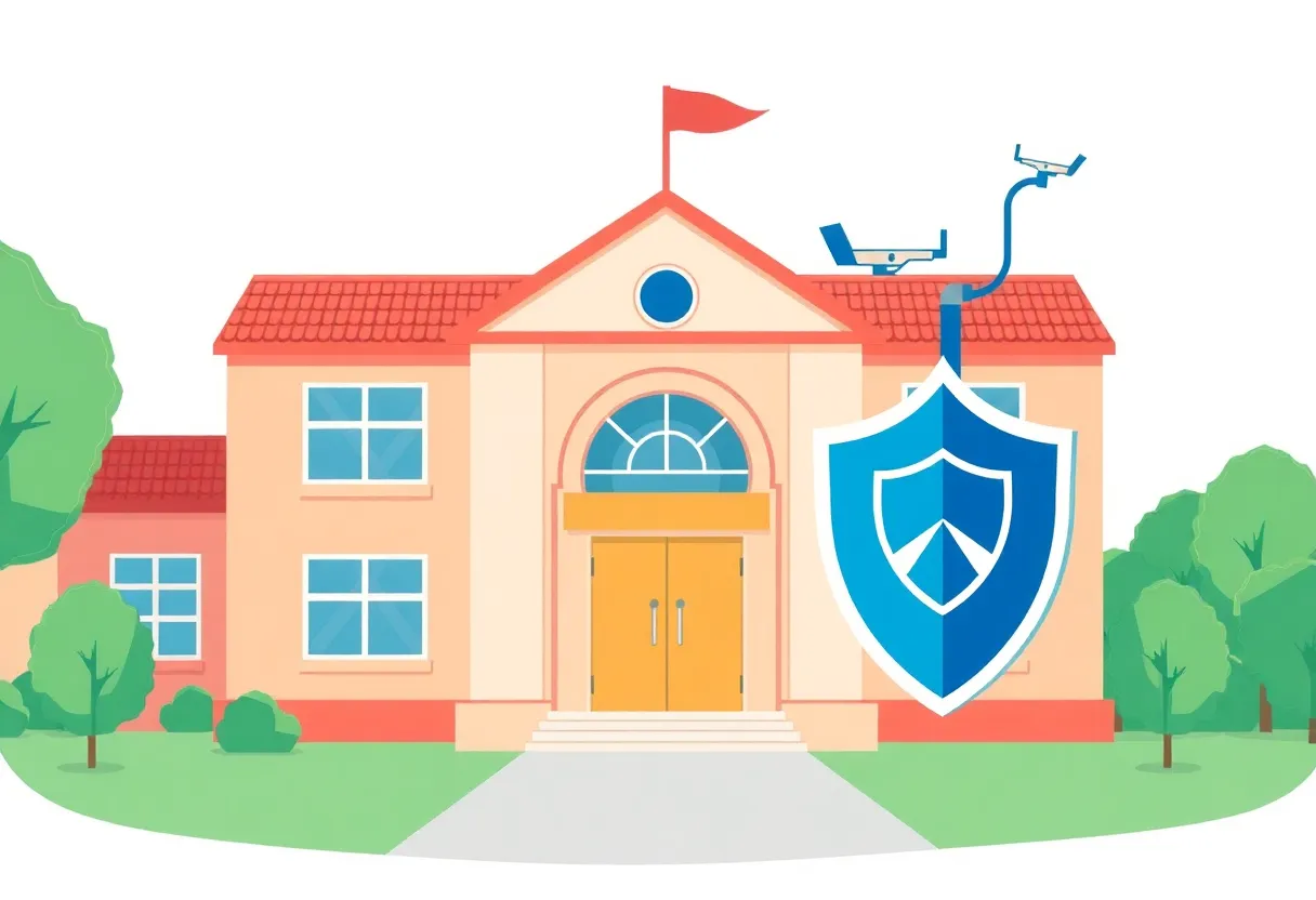 Illustration of a school building with cybersecurity features.