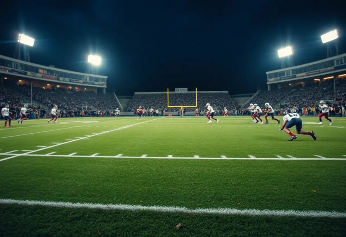 An intense football game scene with players competing on the field under stadium lights.