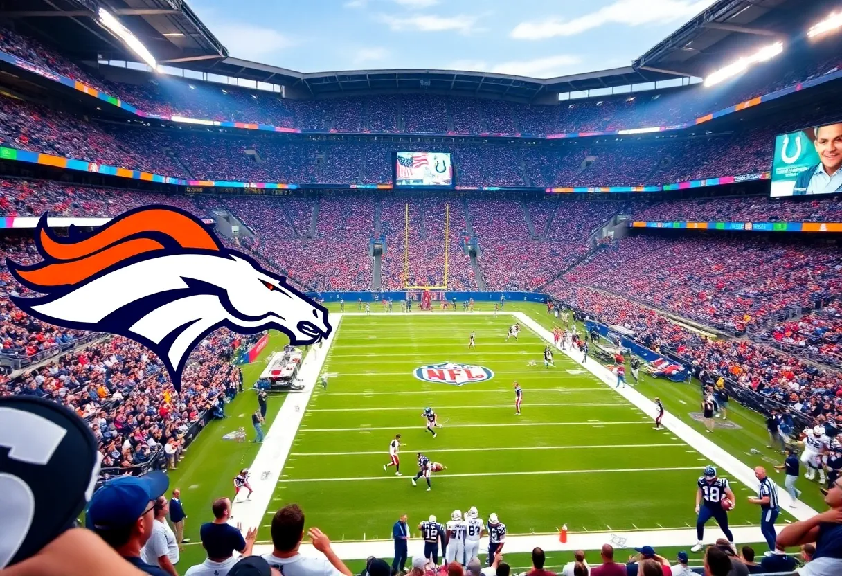 Denver Broncos and Indianapolis Colts players on the field during the NFL game.