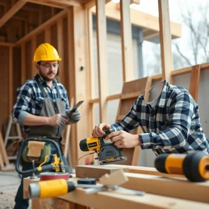 A DIY home builder using tools on a construction site in Indianapolis.