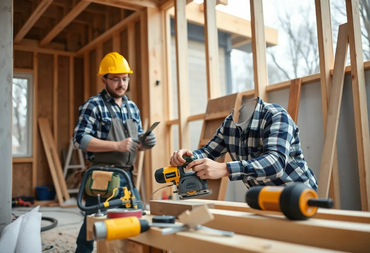 A DIY home builder using tools on a construction site in Indianapolis.