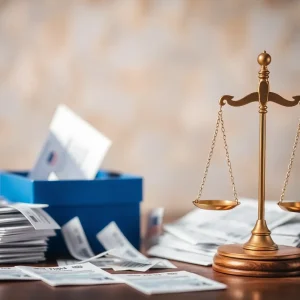 Conceptual representation of election integrity featuring ballots and scales of justice.