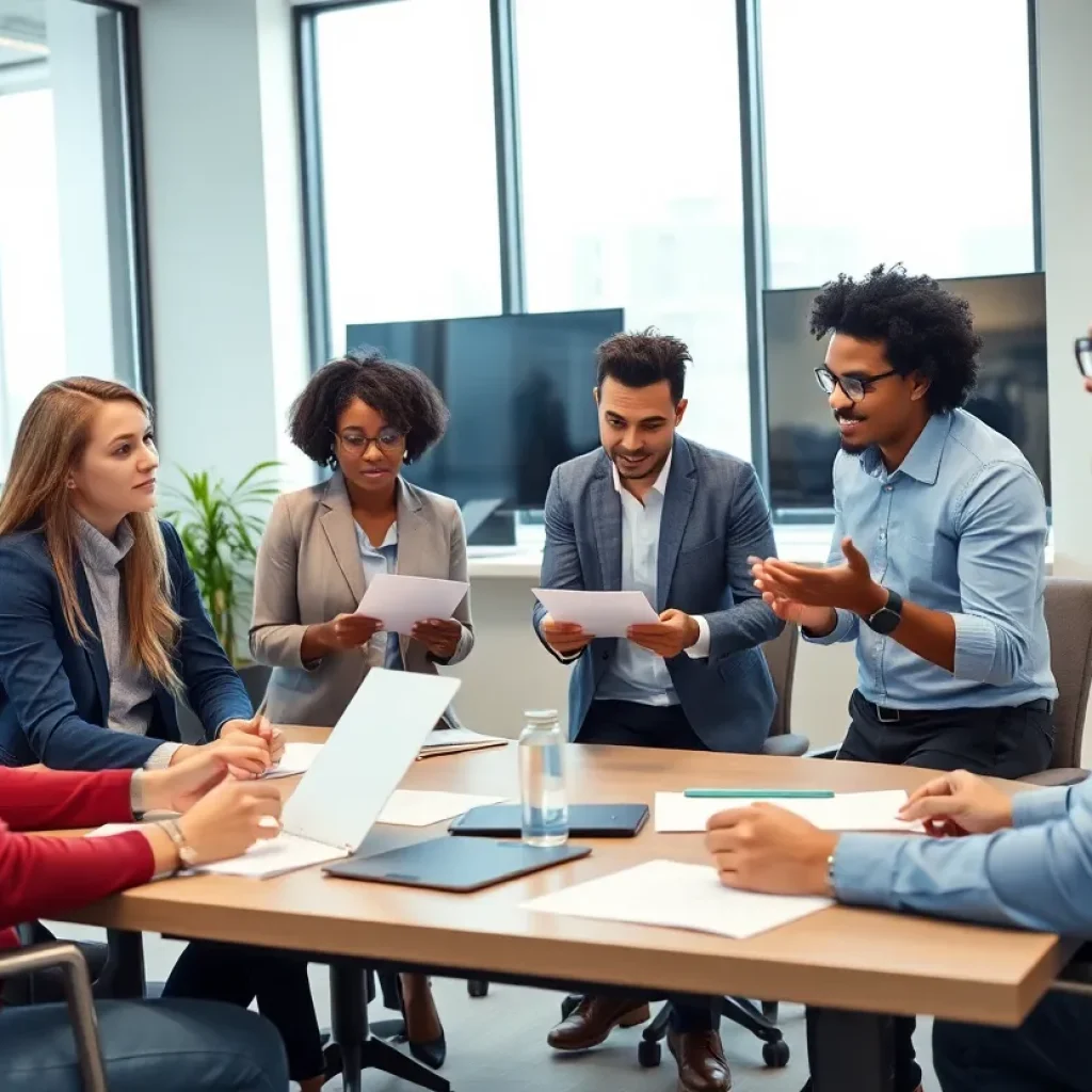 Diverse employees participating in a training session in an office setting in Indianapolis.