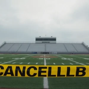 An empty football field with caution tape surrounding it.