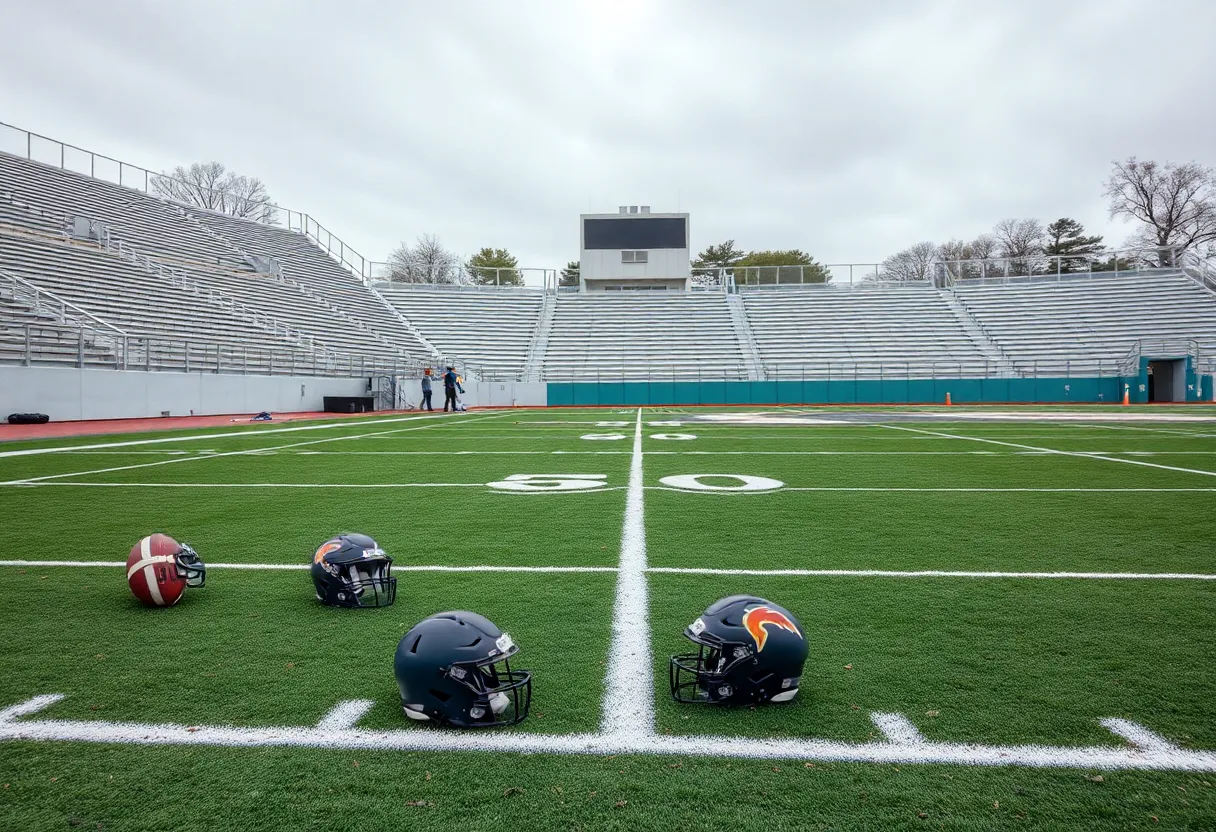 An empty high school football field with no players or spectators