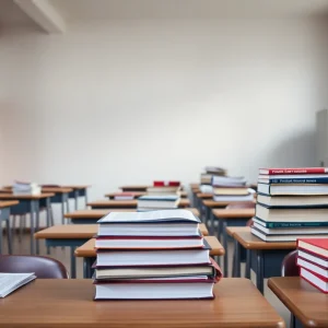 Empty nursing classroom with desks and textbooks