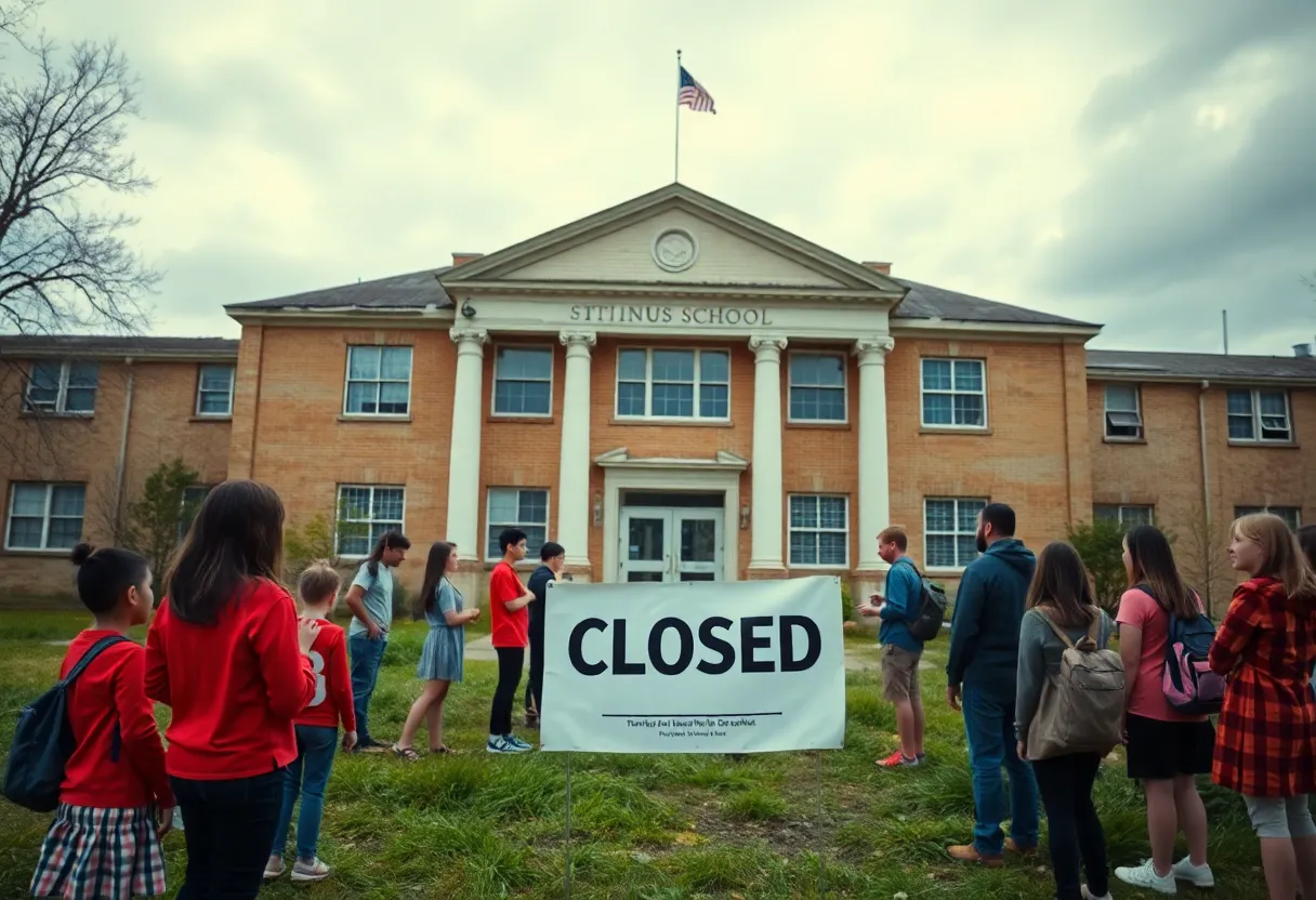 Closed Evanston school building with concerned community members outside