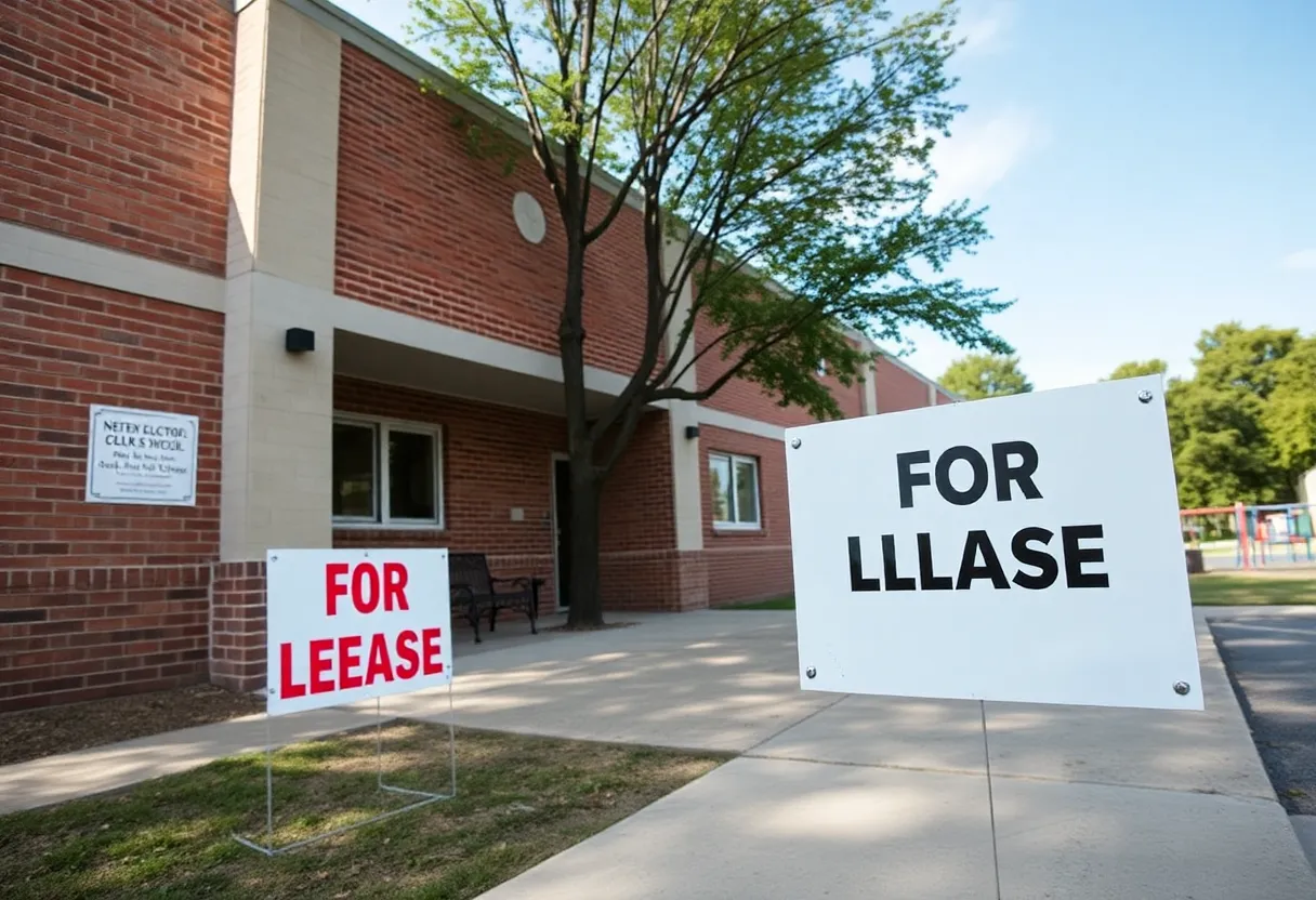 Evanston school building with for lease sign