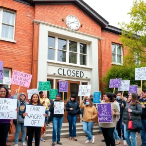 Community members advocating for better wages outside school.