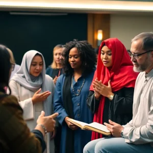 Diverse faith leaders standing together in a community rally for social justice