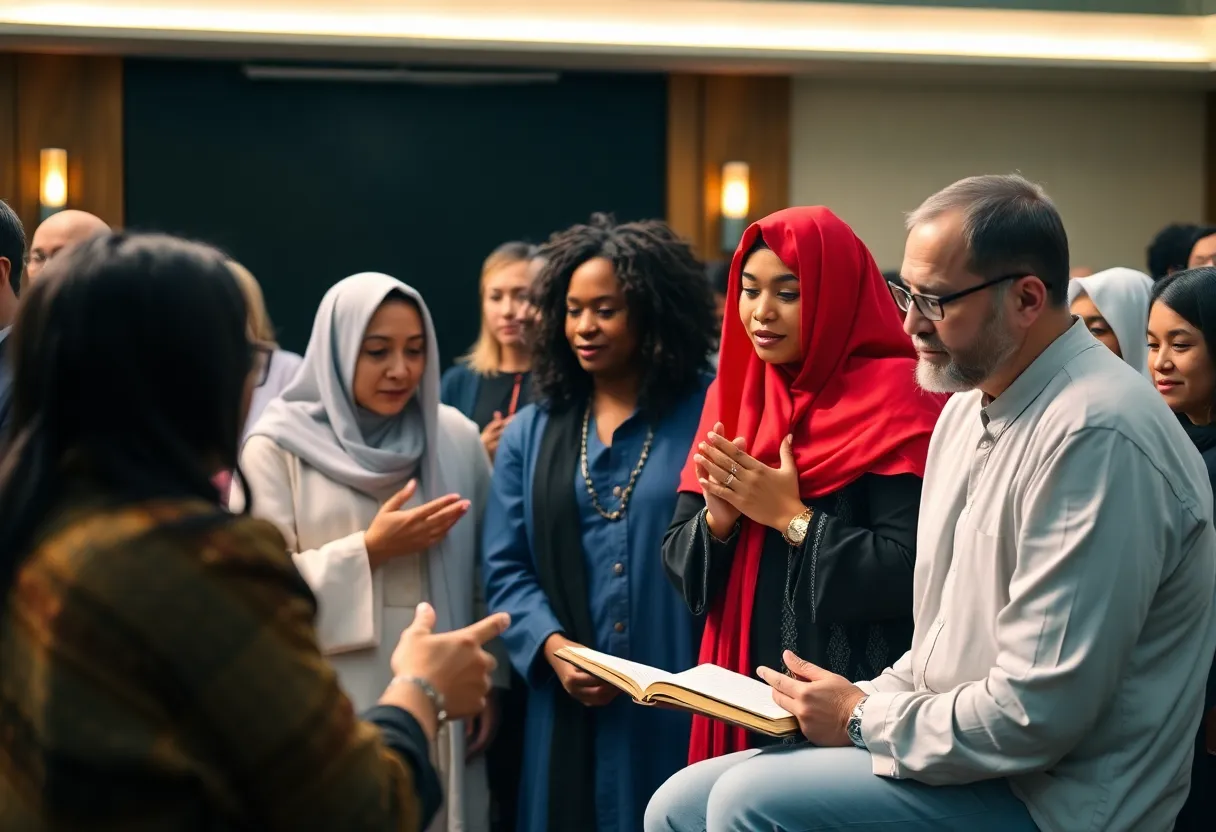 Diverse faith leaders standing together in a community rally for social justice