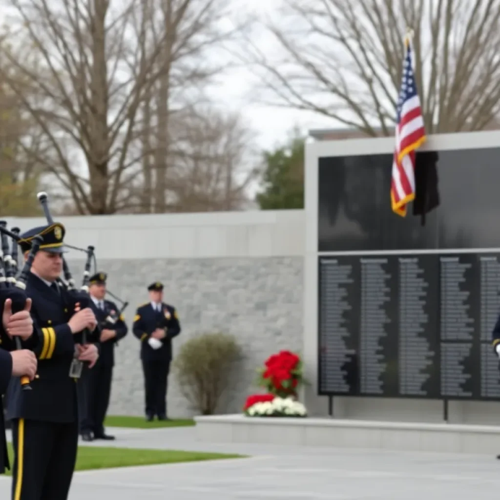 Memorial ceremony honoring fallen firefighters with bagpipes and an honor guard
