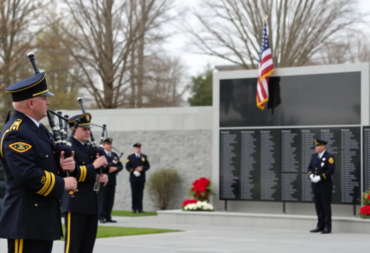 Memorial ceremony honoring fallen firefighters with bagpipes and an honor guard
