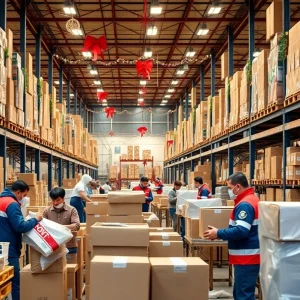 Workers at Geodis Inc. warehouse during holiday season