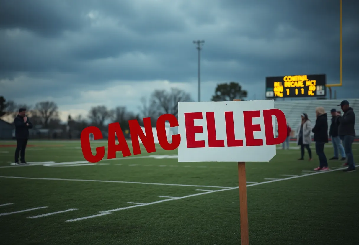 Football field with cancelled game sign