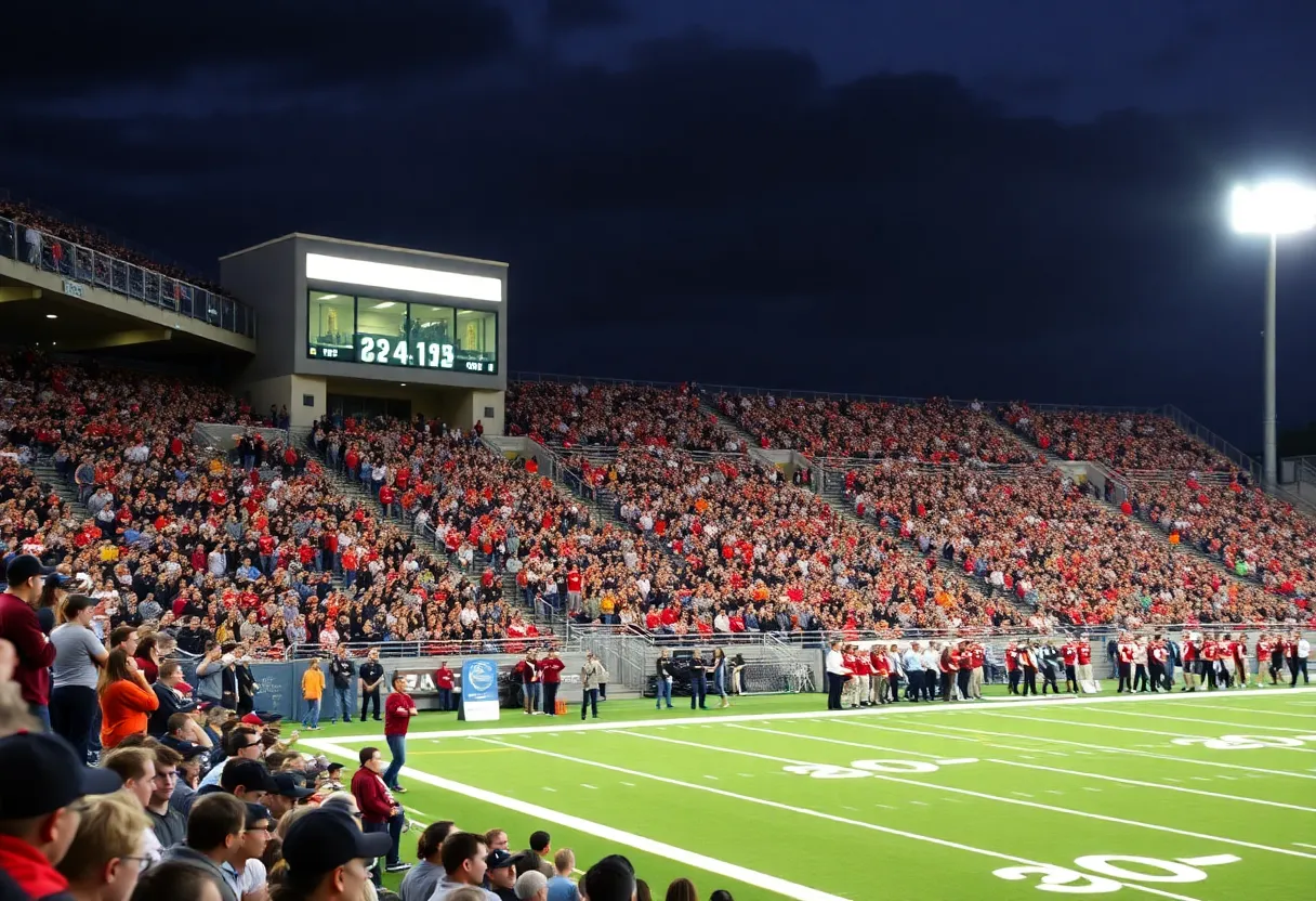 Fans enjoying a high school football game at Dallas Stadium.