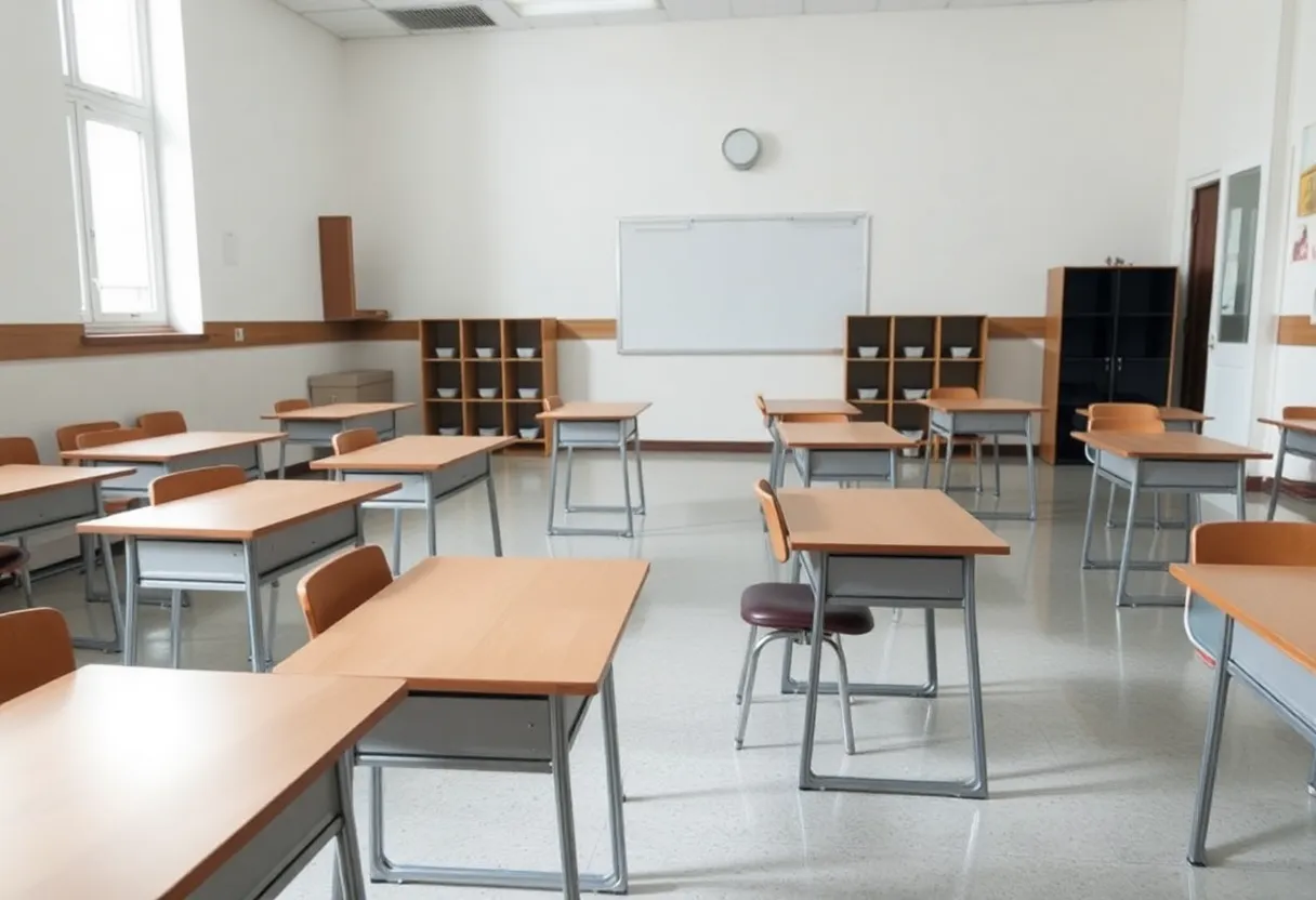 Empty classroom illustrating school closures