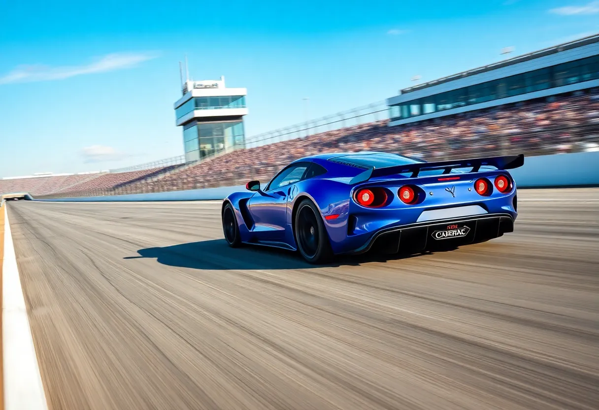 Race car speeding on Indianapolis Motor Speedway during IMSA race