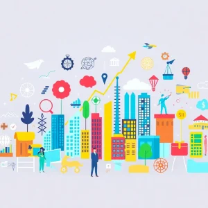 Abstract illustration of diverse business icons representing economic growth and fairness