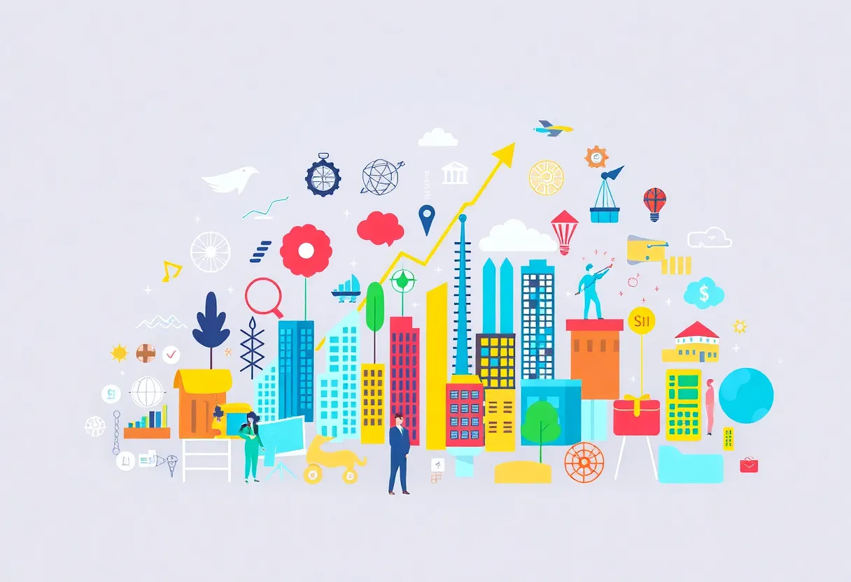 Abstract illustration of diverse business icons representing economic growth and fairness