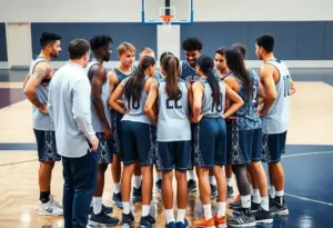 Indiana Fever basketball team huddled together on the court.