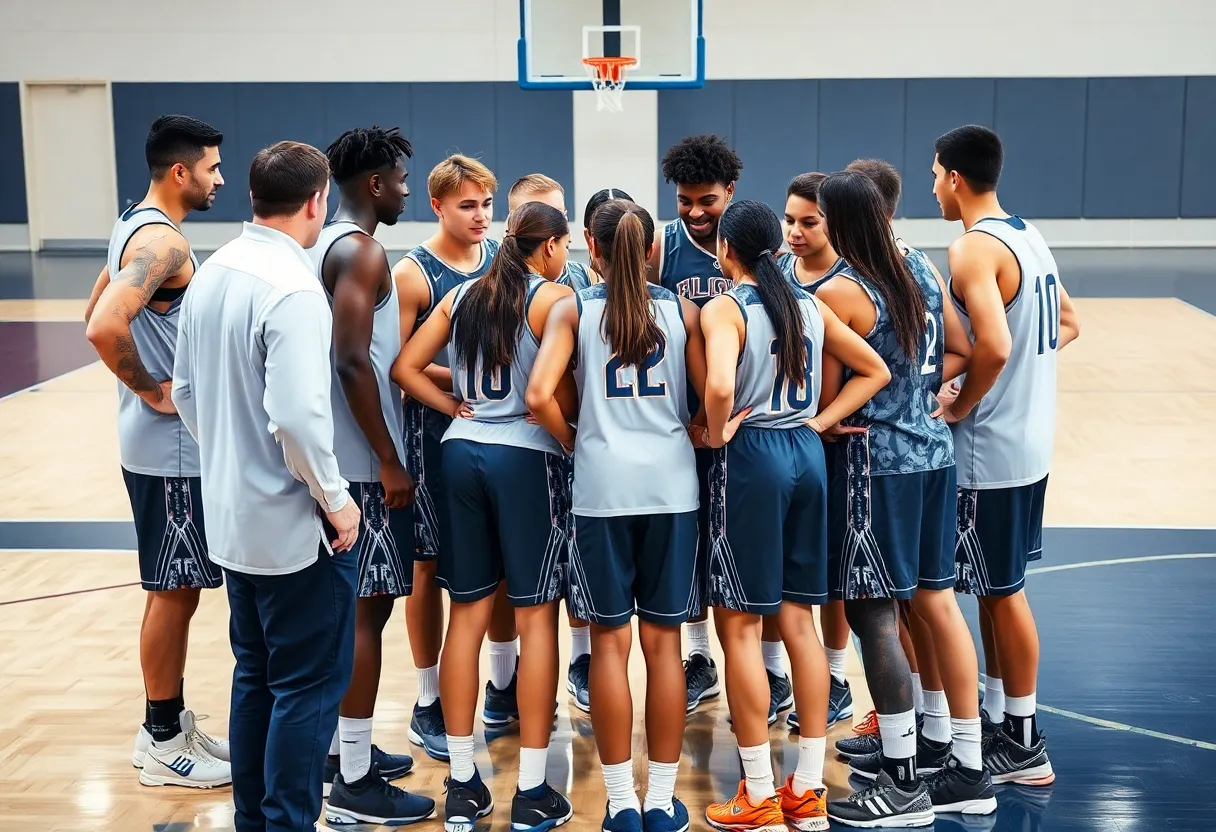 Indiana Fever basketball team huddled together on the court.