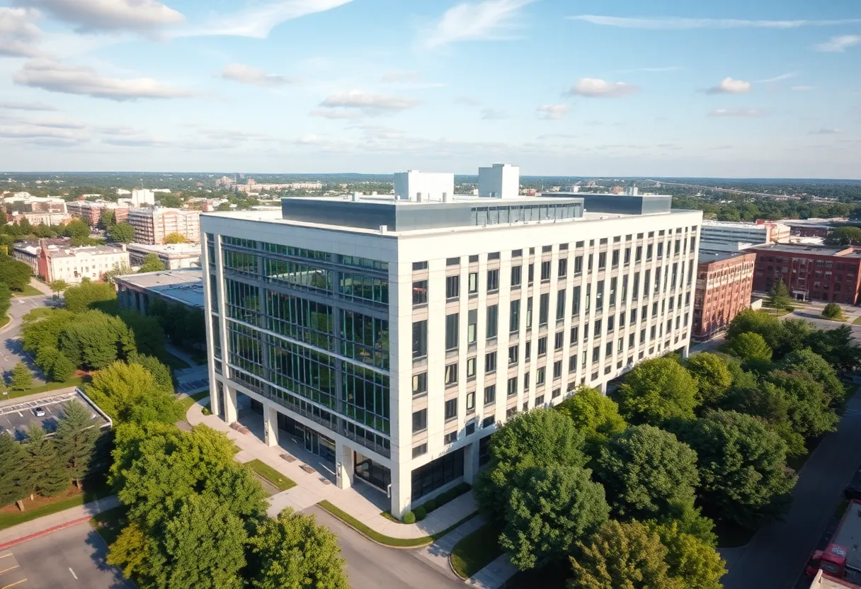 Aerial view of a health technology building in Indiana.