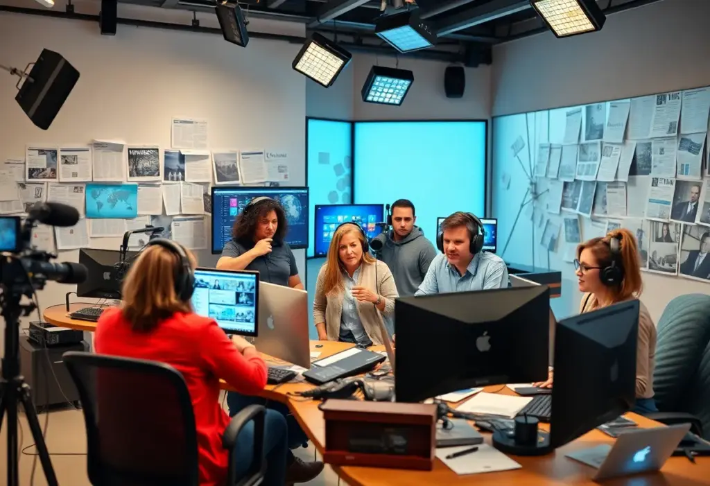 Diverse journalists collaborating in a newsroom