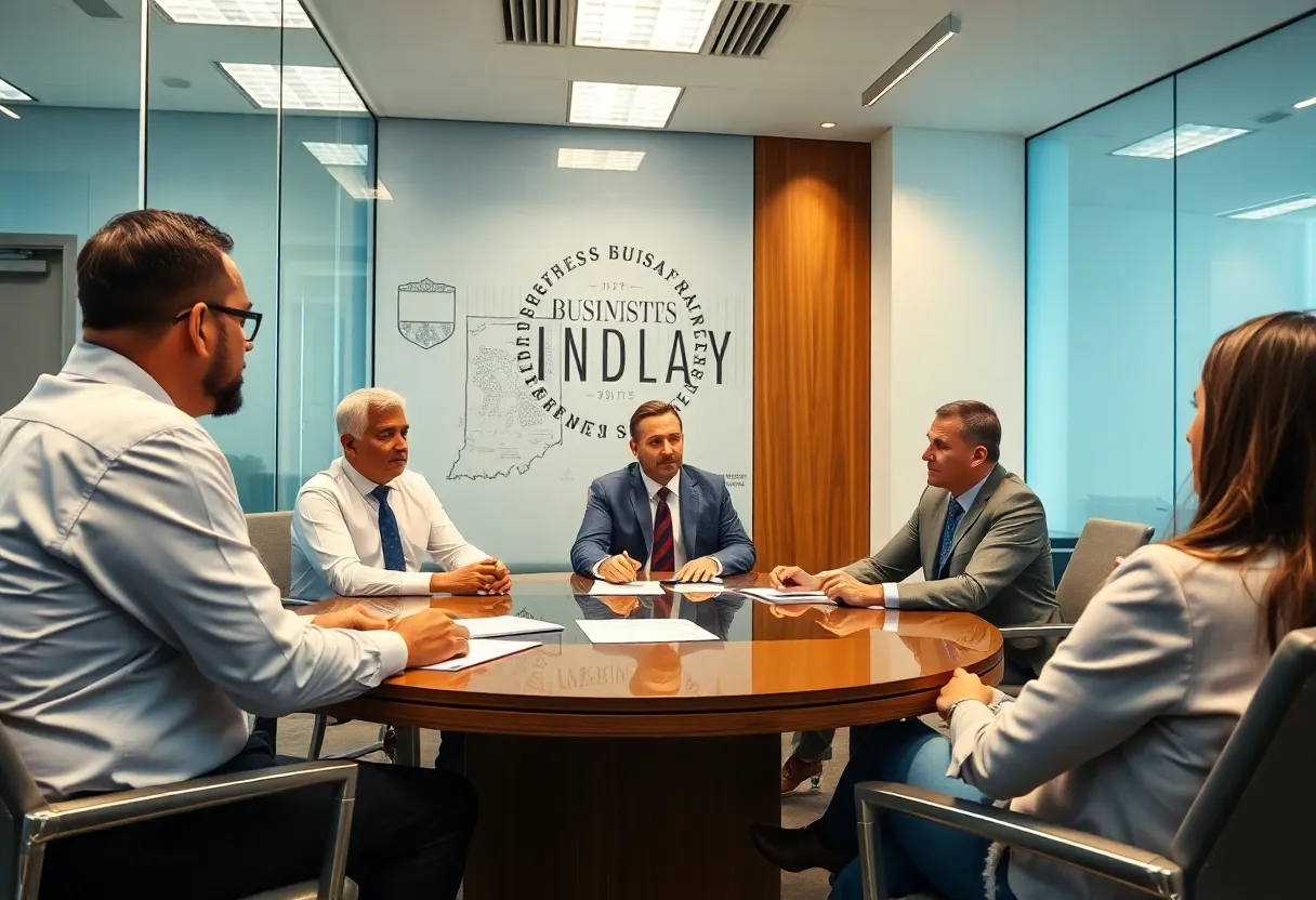 Government officials reviewing documents during a policy meeting on contracting diversity in Indiana.