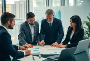 Financial team analyzing pension data and graphs