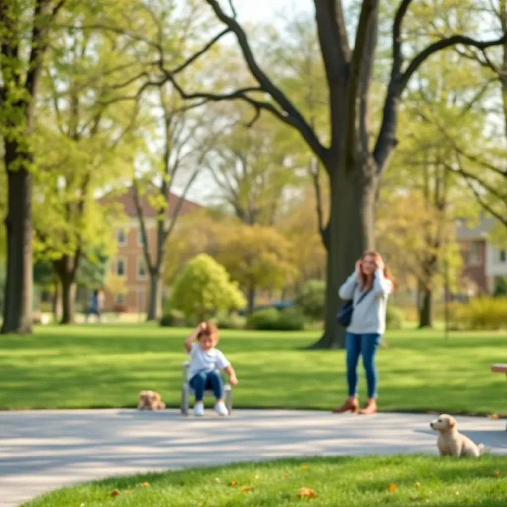 Symbolic image representing infant safety, community support, and law in a park setting