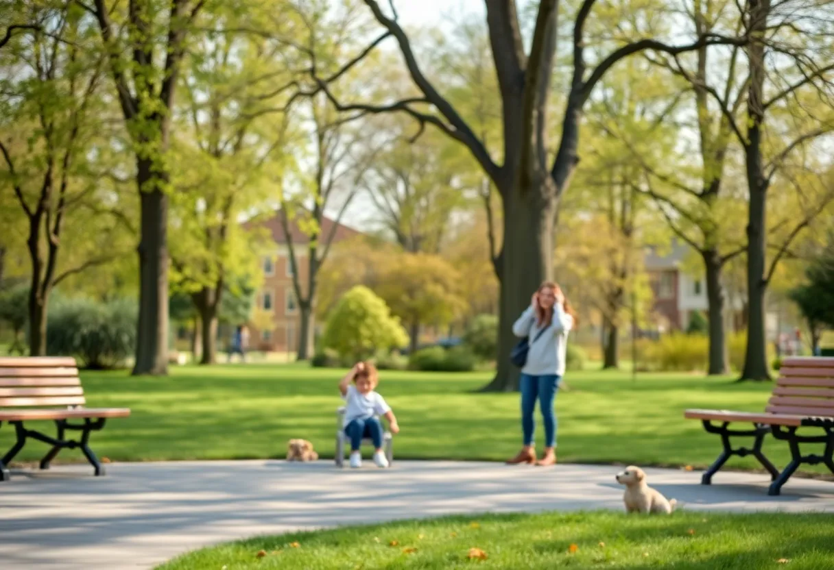 Symbolic image representing infant safety, community support, and law in a park setting