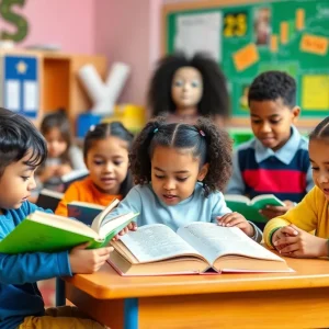 Diverse group of students reading together in a lively classroom environment