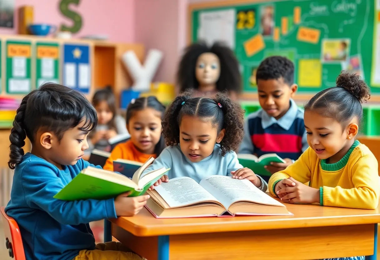 Diverse group of students reading together in a lively classroom environment