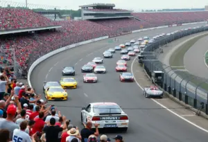 Racing scene at the Indianapolis 500 with cars and fans