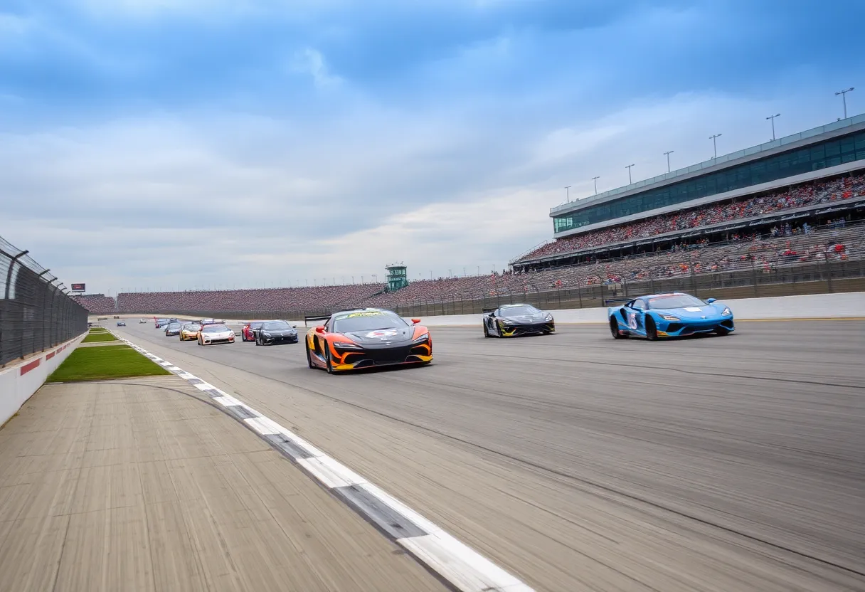 Race cars competing at Indianapolis Motor Speedway during the Battle on the Bricks