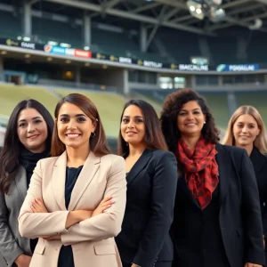 A group of women representing sports franchise owners at a stadium