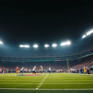 Fans celebrating a close football game victory at Lucas Oil Stadium
