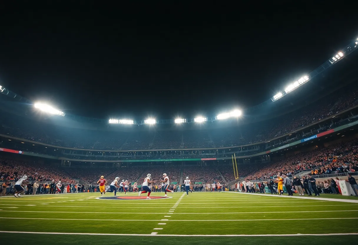 Fans celebrating a close football game victory at Lucas Oil Stadium