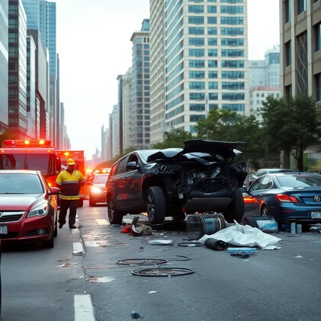 Damaged vehicles and emergency responders at the scene of a car crash on Madison Avenue in Indianapolis