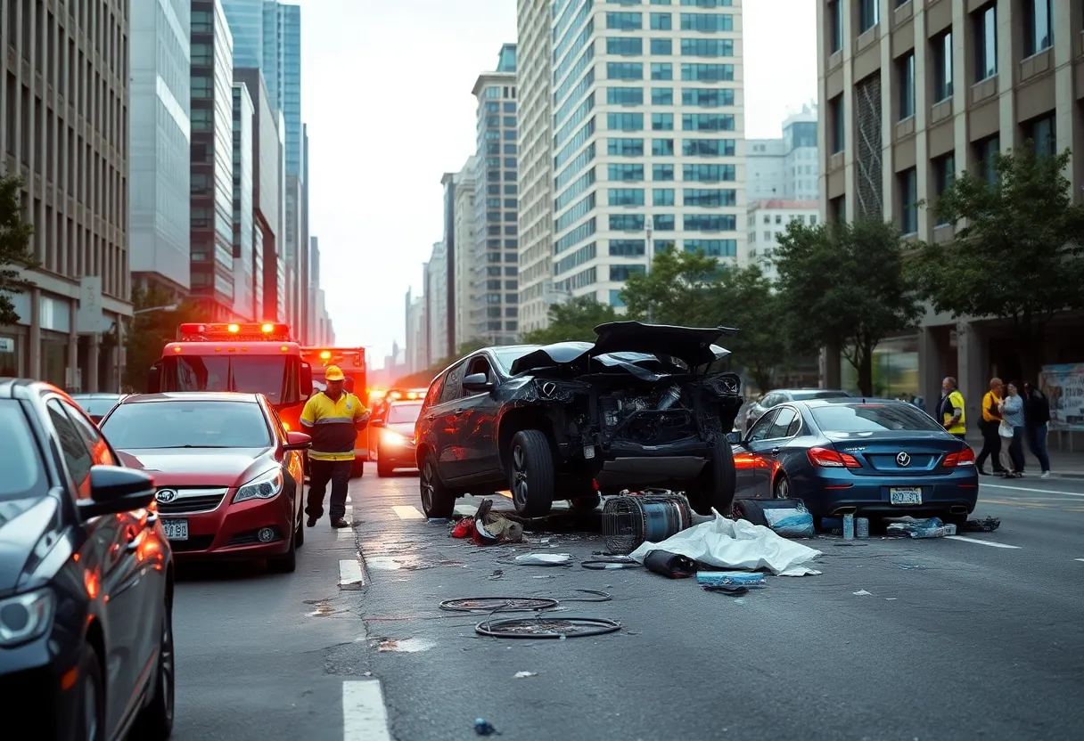 Damaged vehicles and emergency responders at the scene of a car crash on Madison Avenue in Indianapolis