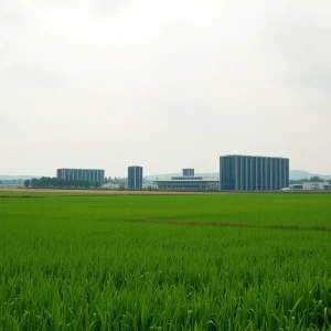 Modern data center building amid farmland landscape in Indianapolis area