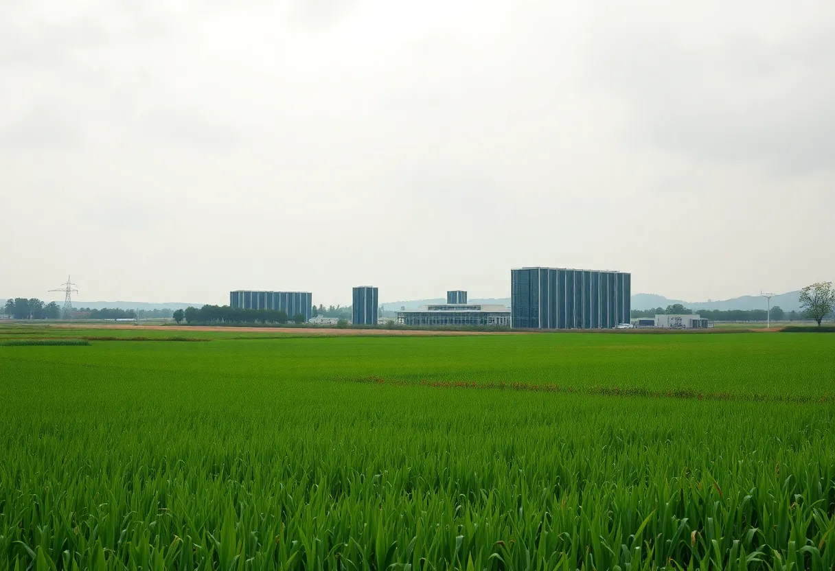 Modern data center building amid farmland landscape in Indianapolis area