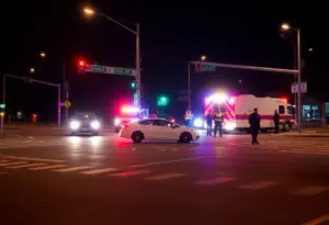 Night scene of city street with police and damaged vehicles after a traffic crash